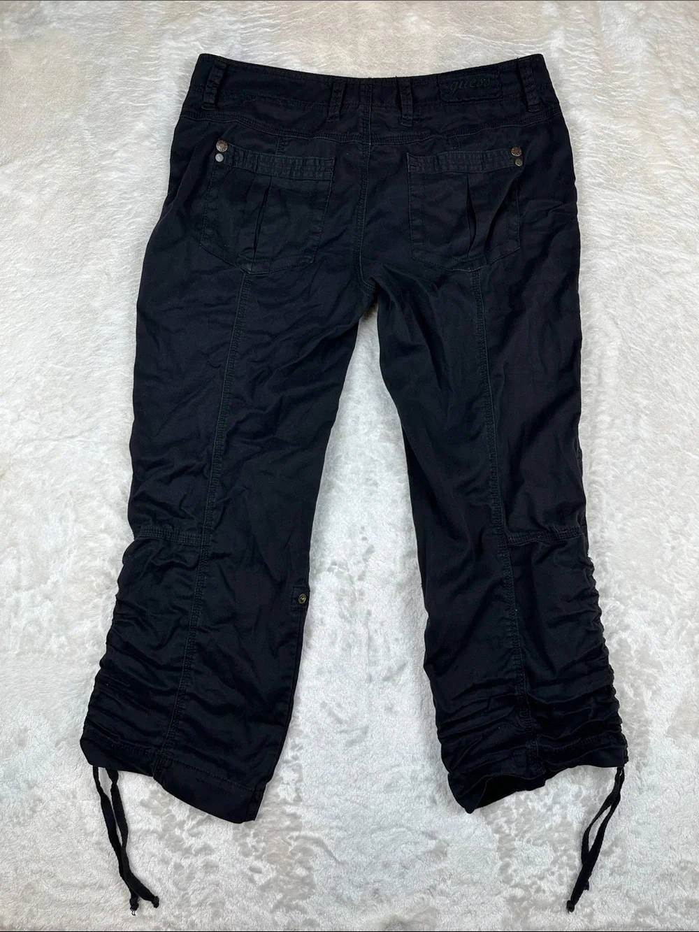 Guess Women’s Cargo Capri Pants Black Ruched Drawstring Hem Stretch Size 30